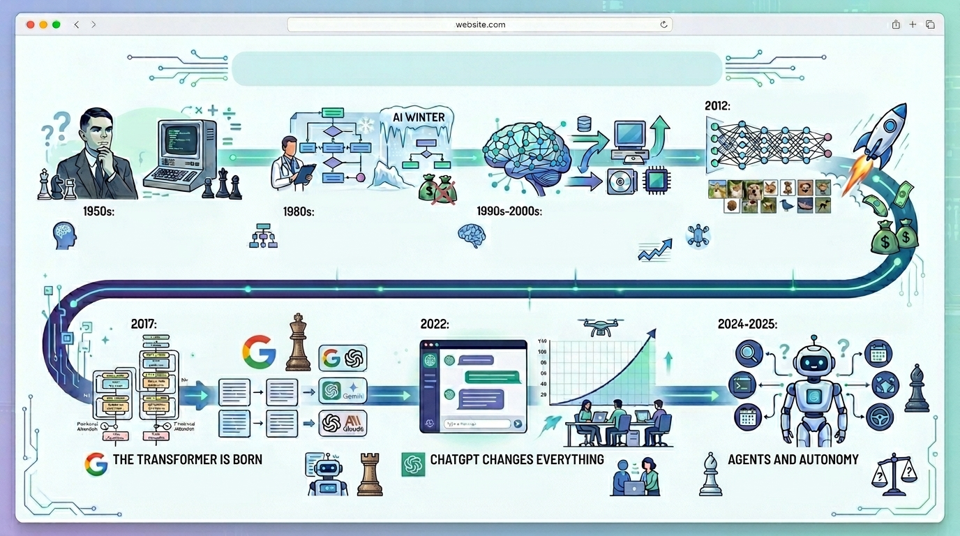 Timeline of AI history from the 1950s to 2024: the dream begins, expert systems and AI winter, neural networks return, deep learning takes off, the transformer is born, ChatGPT changes everything, agents and autonomy